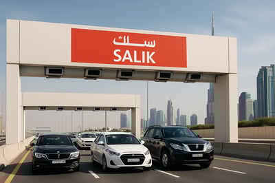 Cars passing through a toll gate in Dubai with Salik signage Cars passing through a toll gate in Dubai with Salik signage