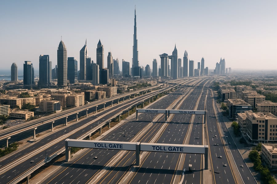 Dubai skyline with major toll roads Dubai skyline with major toll roads