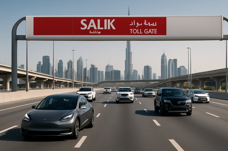 Dubai toll road system with modern vehicles Dubai toll road system with modern vehicles